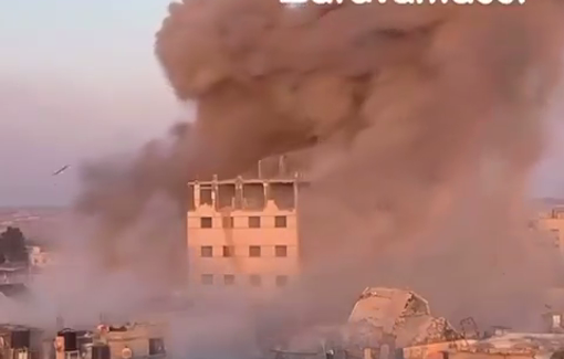 Thumbnail preview image for the video titled: LIVE bombing of Zaqout residential tower in Nuseirat