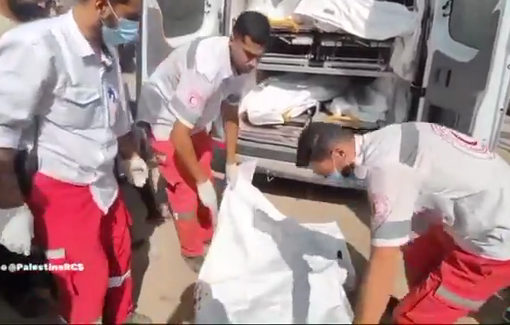 Thumbnail preview image for the video titled: Palestine Red Crescent teams transported the bodies of 14 individuals from Hamad City