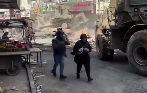 Thumbnail preview image for the video titled: Jenin: IDF terrorizes fleeing journalists with gunfire and bulldozers.