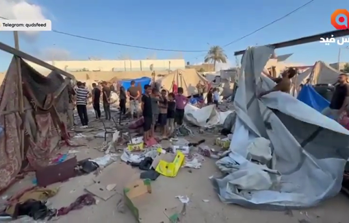 Thumbnail preview image for the video titled: Aftermath of night strike on tents at Al-Aqsa Martyrs Hospital