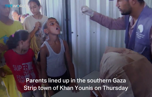 Thumbnail preview image for the video titled: Parents in Khan Younis lining up to vaccinate their children against Polio