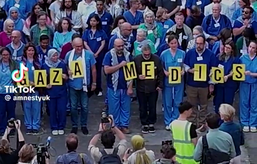 Thumbnail preview image for the video titled: They demand freedom and justice for the 179 Palestinian healthcare workers who are detained without charge or trial by Israeli forces.