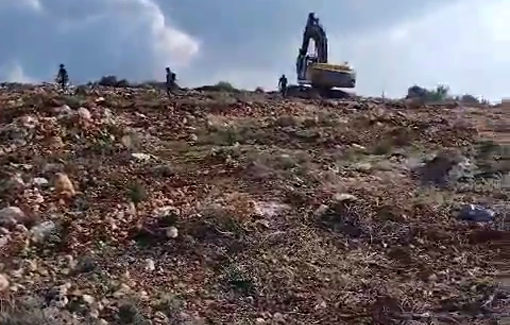 Thumbnail preview image for the video titled: Israeli settlers and soldiers bulldoze lands in Jabal al-Ras in the village of Umm Safa