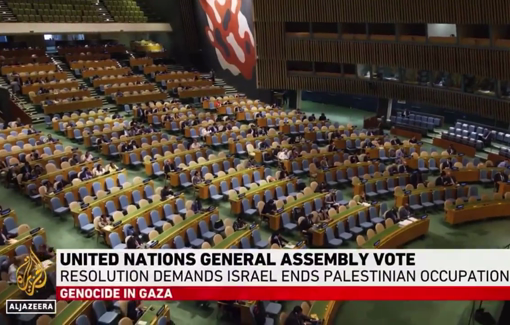 Thumbnail preview image for the video titled: UN General Assembly adopted a resolution today calling on Israel to end its illegal occupation within 12 months