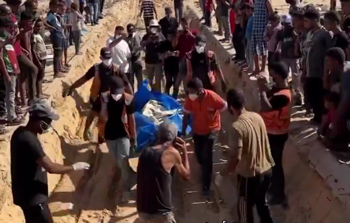 Thumbnail preview image for the video titled: Mass burial of 88 unidentified bodies slaughtered by Israel