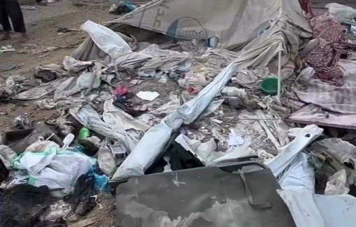 Thumbnail preview image for the video titled: Inspecting the devastation after sunrise - Al-Aqsa Hospital helicopter attack on tents