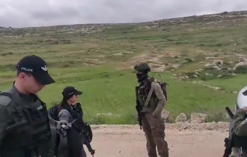 Thumbnail preview image for the video titled: Violent settlers protected by israeli Police in Kfar Susya