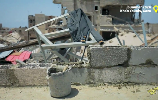 Thumbnail preview image for the video titled: A displaced Palestinian built a shelter on his home destroyed by Israeli airstrikes in Khan Younis