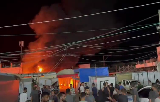 Thumbnail preview image for the video titled: Fire rages on in displacement tents after IDF bombing