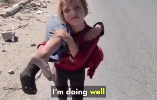 Thumbnail preview image for the video titled: Little Palestinian girl carries her injured sister on her shoulder, barefoot