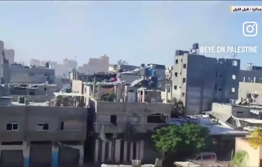 Thumbnail preview image for the video titled: Intense Israeli gunfire, shelling and bombing around Jabalia schools