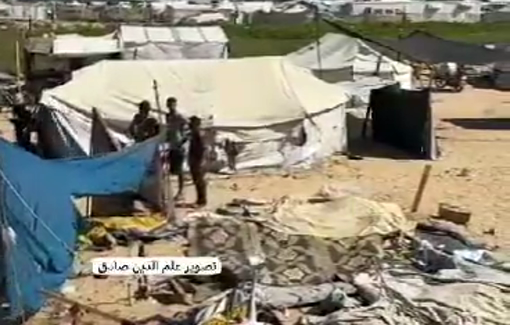 Thumbnail preview image for the video titled: Israeli drone struck a tent in Mawasi killing a displaced father and son