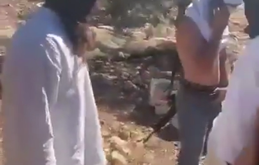 Thumbnail preview image for the video titled: Settlers assault olive pickers in the village of Umm Al-Rihan