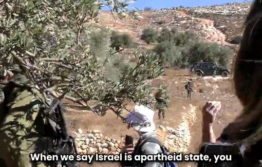 Thumbnail preview image for the video titled: Israeli forces' use of stun grenades against the olive harvest in Burqa