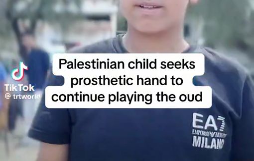 Thumbnail preview image for the video titled: Child persists in learning an instrument despite losing his hand in Israeli strikes