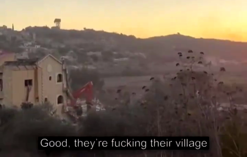 Thumbnail preview image for the video titled: Israeli soldiers from the Golani Brigade special operations unit chant as they show their military bulldozers destroying the village