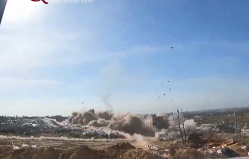 Thumbnail preview image for the video titled: IDF Paratrooper soldier shows him celebrating and cheering the destruction of Khan Younis buildings