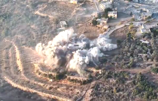 Thumbnail preview image for the video titled: Israeli aerial footage of the blowing up of a mosque in Umm al-Tut, South Lebanon