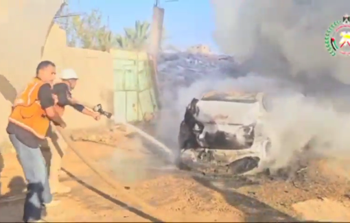 Thumbnail preview image for the video titled: Civil Defense extinguish fire in car bombed by Israeli drone