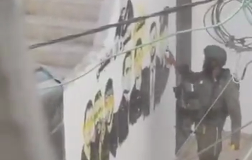 Thumbnail preview image for the video titled: Israeli occupation soldiers deface portraits of Palestinian martyrs during a raid into al-Fawwar refugee camp