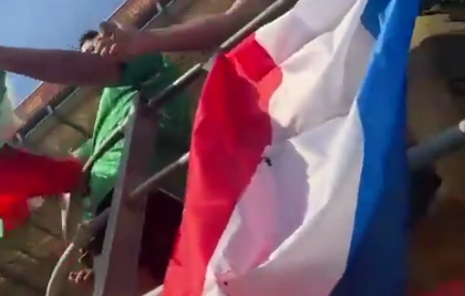 Thumbnail preview image for the video titled: Fans of Maccabi Haifa FC expresed solidarity by burning Dutch and Palestinian flags and mass-chanting "Gaza, Gaza is a graveyard"