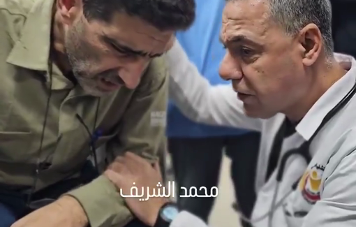 Thumbnail preview image for the video titled: Dr. Abu Safiya comforts Dr. Badran whose family was just killed by Israeli bombing