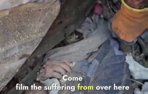 Thumbnail preview image for the video titled: Man's head stuck under rubble of house bombed by Israel