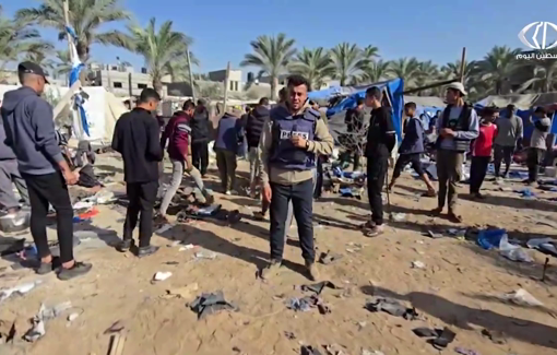 Thumbnail preview image for the video titled: Aftermath of Israeli airstrike on tent camp in central Gaza