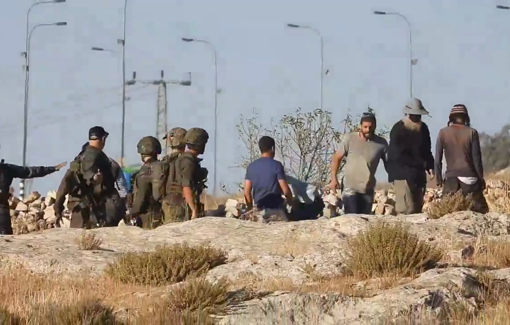 Thumbnail preview image for the video titled: Palestinian landowner and activists are violently attacked by Israeli settlers while soldiers stood nearby