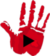 The logo for TikTok Genocide: a Red red hand, evocative of a bloody hand, with a play button in the middle.